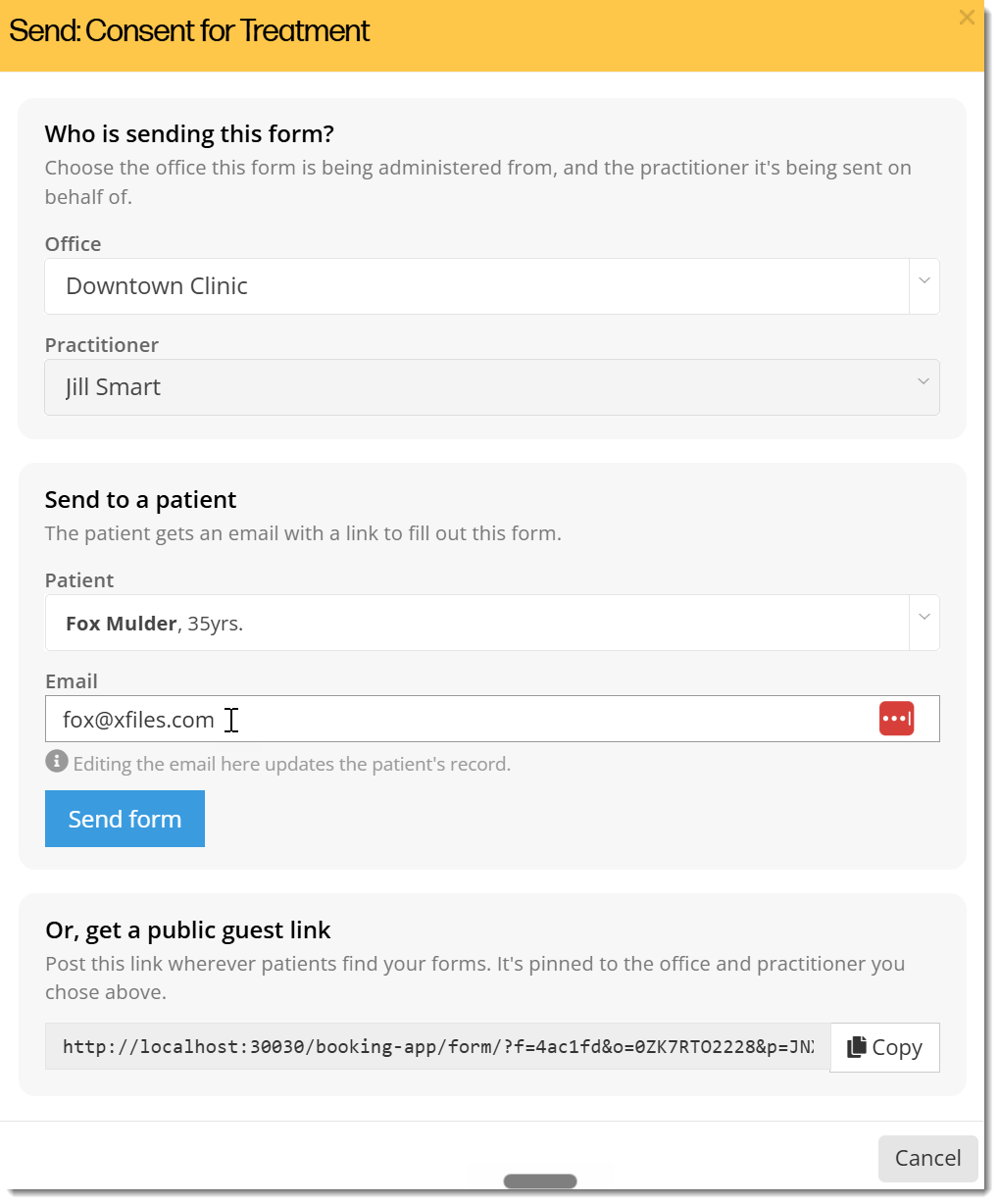 Sending a SmartForm version 2 form to a patient. The panel that comes up needs to be filled out with: - an office - a practitioner - a patient - the patient's email in order for you to send the form.